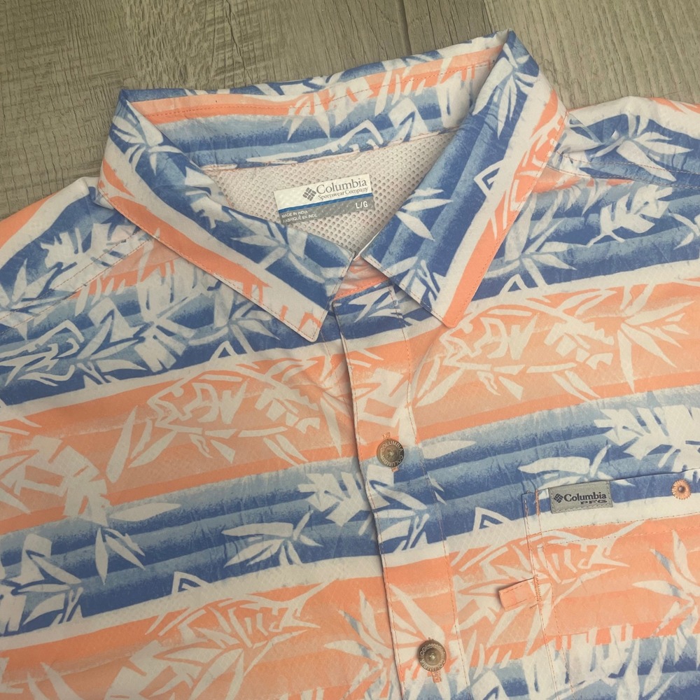 Columbia‎ PFG Mens Large Orange Blue Tropical Fish Print Fishing Shirt